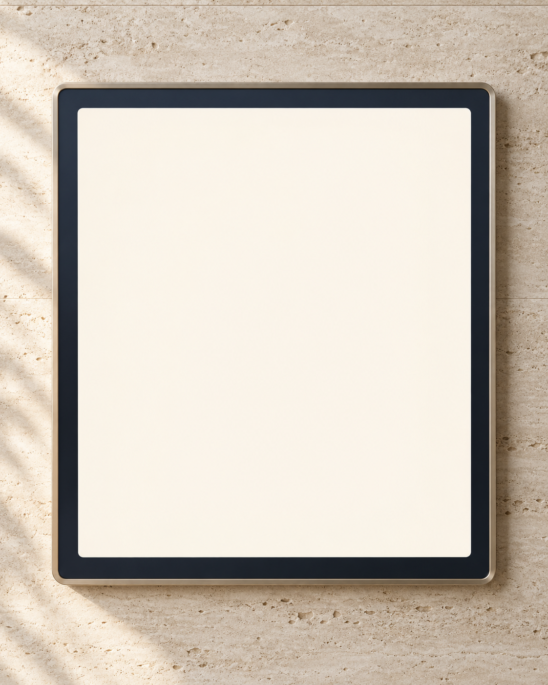 ภาพแนวคิดจอ Wall Panel ขอบแชมเปญบนผนังหิน พร้อมหน้าควบคุมแอป YooDee